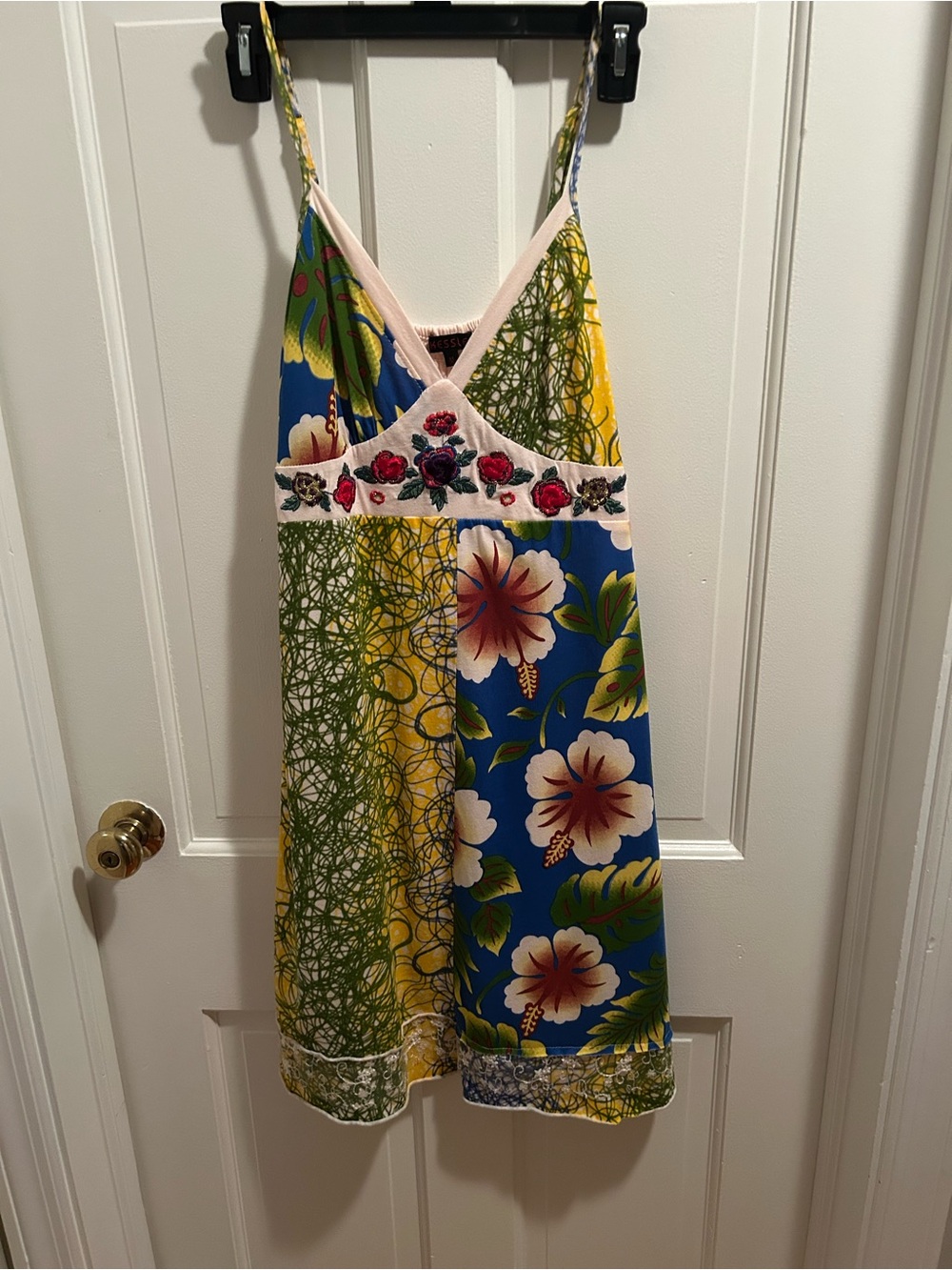 Floral Patchwork Spaghetti-Strap Mini Dress - Blue & Yellow- Size M